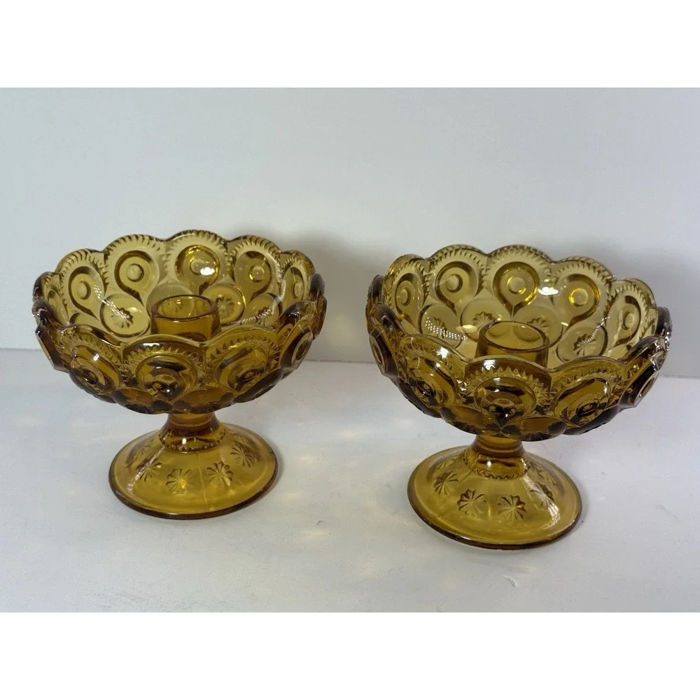 Vintage LE Smith Amber Moon and Star Glass Candle Holder Footed Compote Bowl Lot